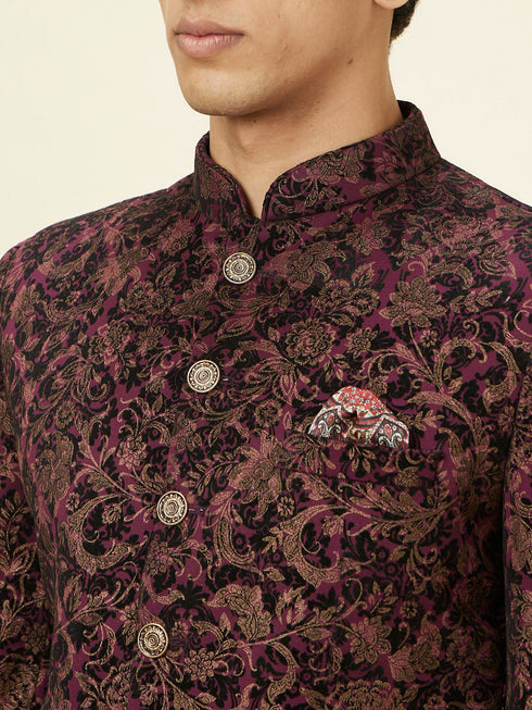 Manyavar Wine Bel Buti Foil Print Suit