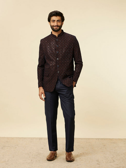 Manyavar Dark Blue Dark Brown Sequin Embellished Jodhpuri Suit