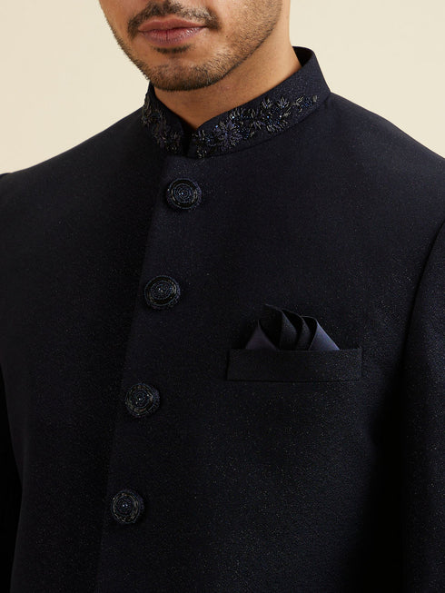Manyavar Dark Blue Embroidered Neckline Jodhpuri Set