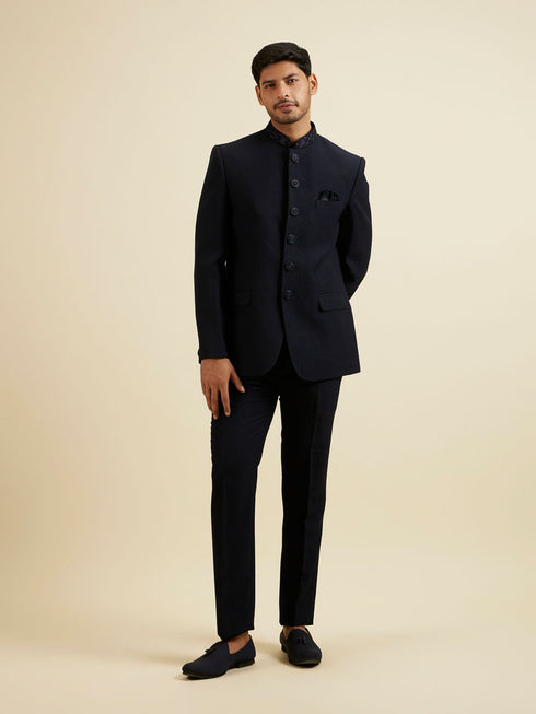 Manyavar Dark Blue Embroidered Neckline Jodhpuri Set