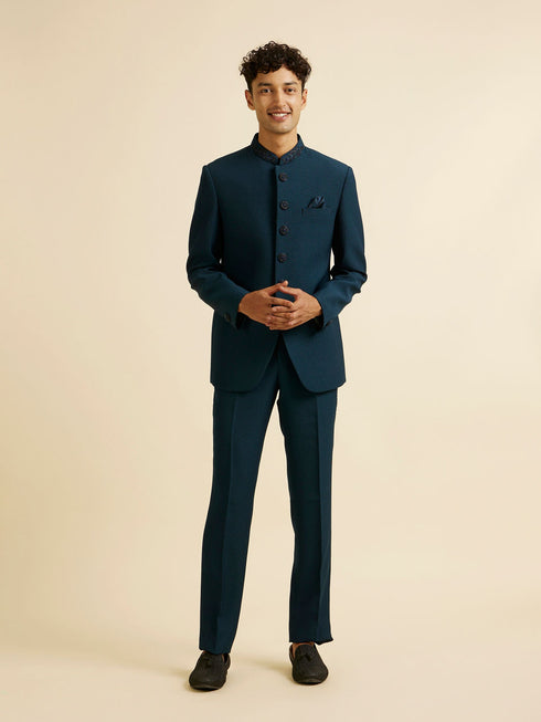 Manyavar Teal Blue Embroidered Neckline Jodhpuri Set
