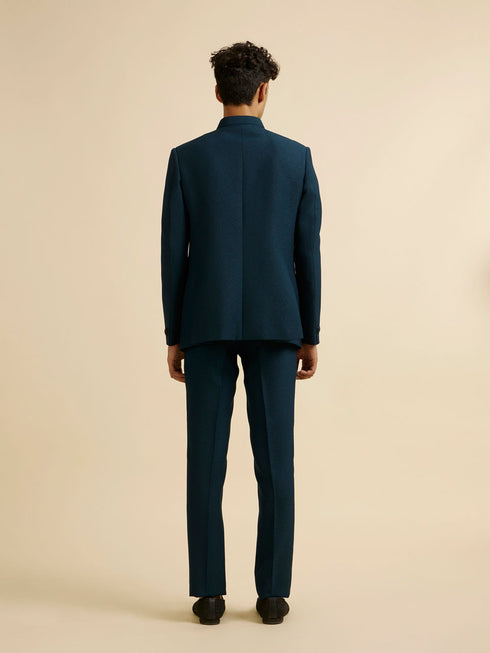 Manyavar Teal Blue Embroidered Neckline Jodhpuri Set
