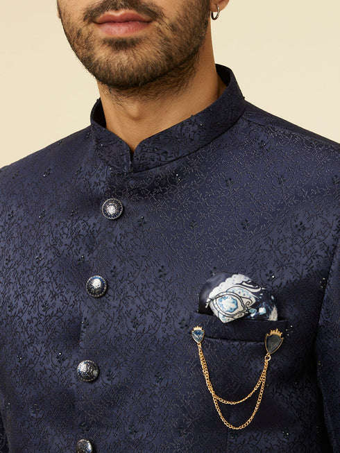 Manyavar Dark Blue Bel Buti Patterned Jodhpuri Suit