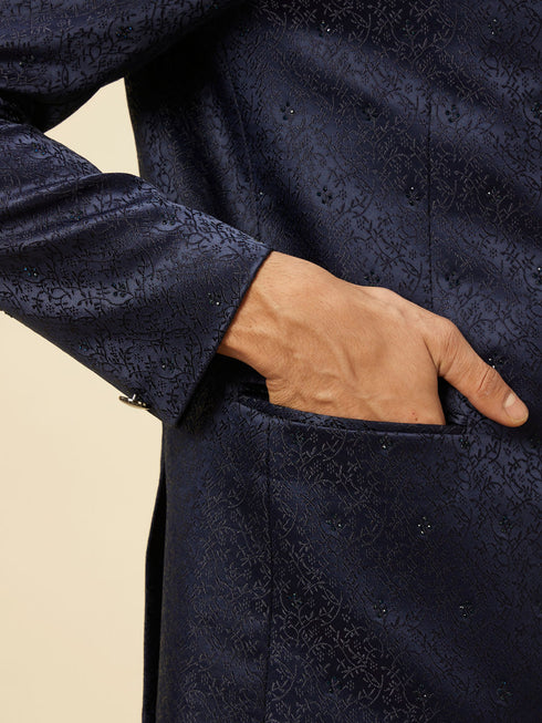 Manyavar Dark Blue Bel Buti Patterned Jodhpuri Suit