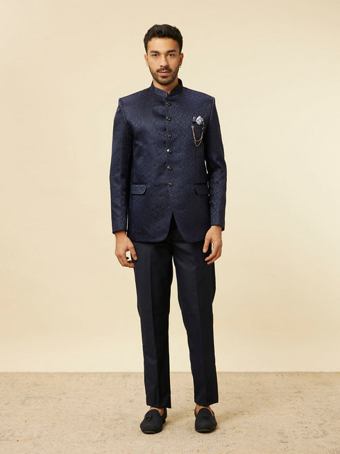 Manyavar Dark Blue Bel Buti Patterned Jodhpuri Suit