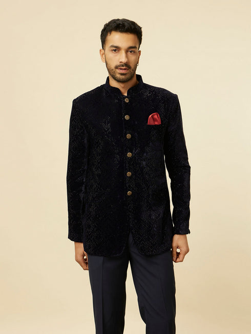 Manyavar Dark Blue Rhinestone Embellished Suit