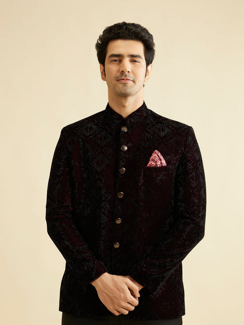 Manyavar Wine Rhinestone Embellished Jodhpuri Suit