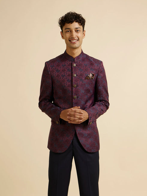 Manyavar Wine Floral Jaal Patterned Jodhpuri Suit