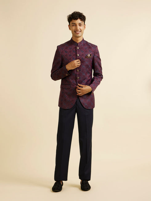 Manyavar Wine Floral Jaal Patterned Jodhpuri Suit