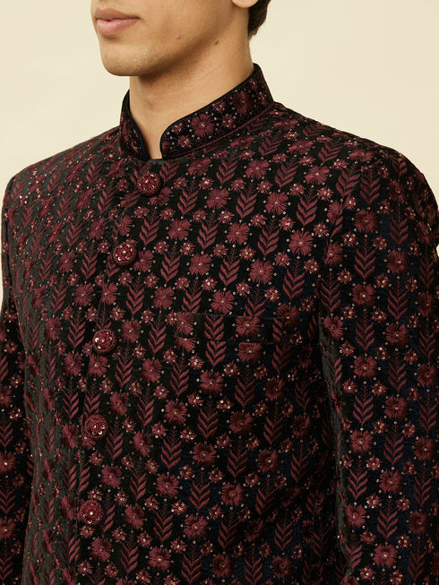 Manyavar Kohl Black Floral String Patterned Jodhpuri Suit
