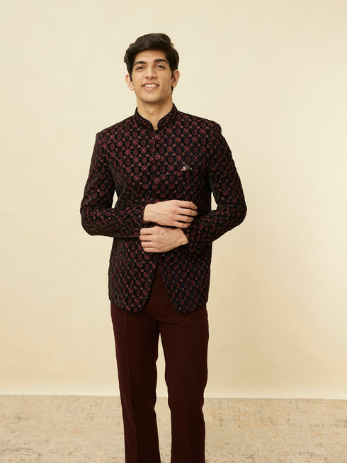 Manyavar Kohl Black Floral String Patterned Jodhpuri Suit