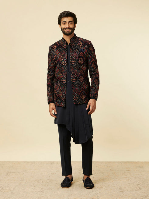 Manyavar Navy Blue Fern Embroidered Indo Western