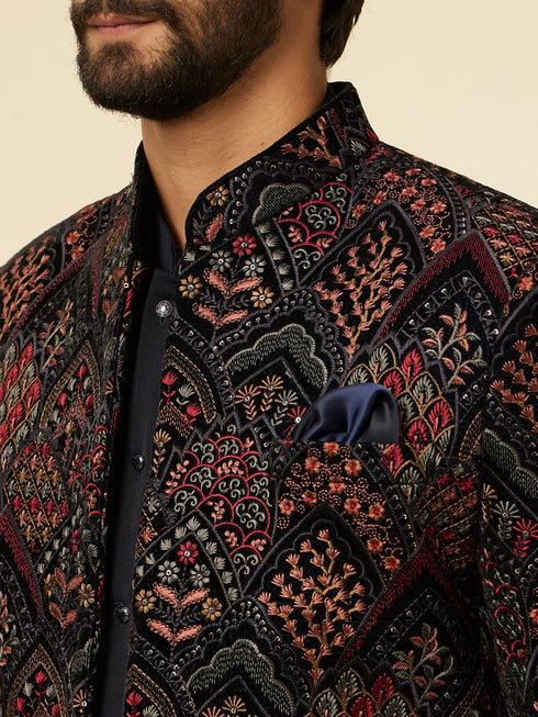 Manyavar Navy Blue Fern Embroidered Indo Western