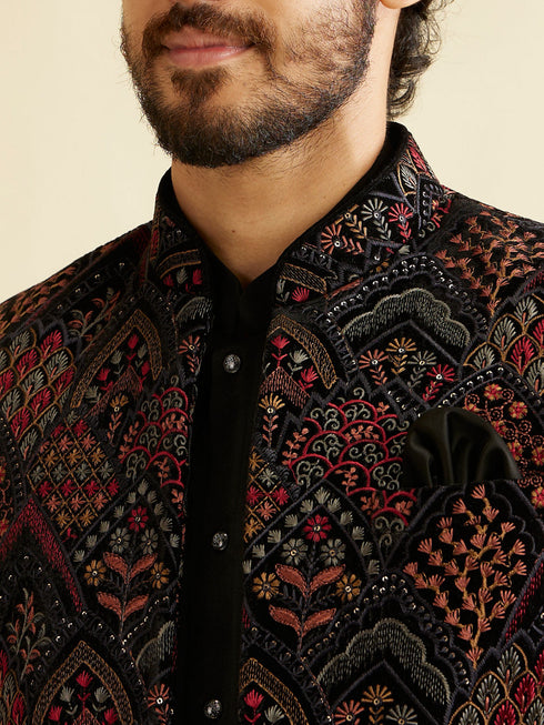 Manyavar Midnight Black Indo Western Set with Fern Motifs in a Fish Scale Pattern