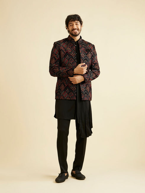 Manyavar Midnight Black Indo Western Set with Fern Motifs in a Fish Scale Pattern