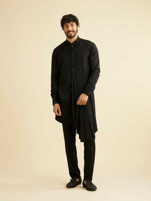 Manyavar Midnight Black Indo Western Set with Fern Motifs in a Fish Scale Pattern