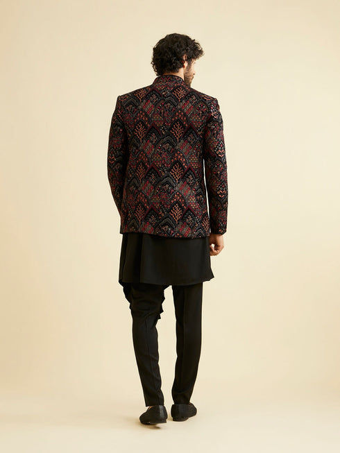 Manyavar Midnight Black Indo Western Set with Fern Motifs in a Fish Scale Pattern