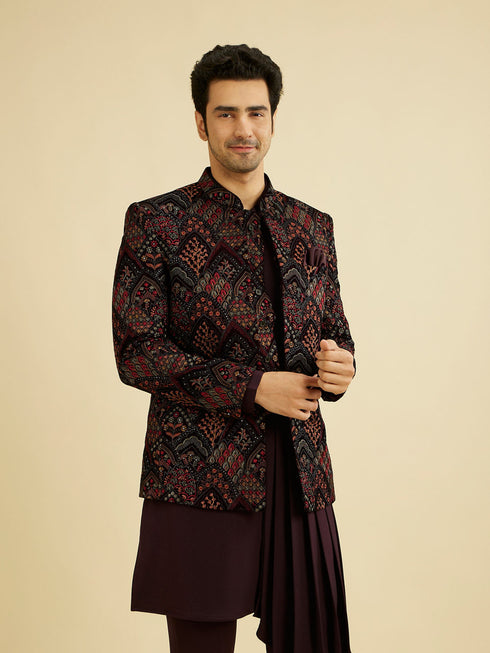 Manyavar Wine Red Indo Western Set with Fern Motifs in a Fish Scale Pattern