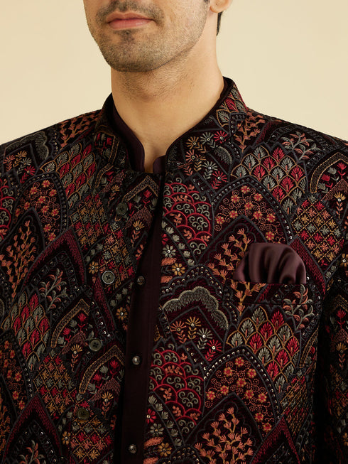 Manyavar Wine Red Indo Western Set with Fern Motifs in a Fish Scale Pattern