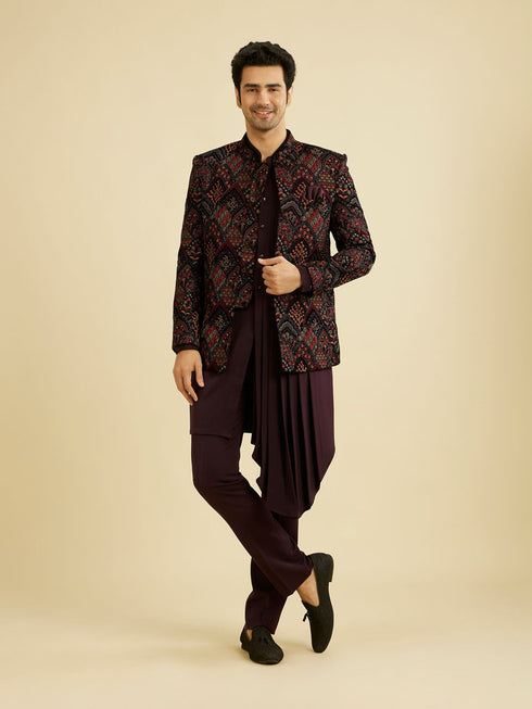 Manyavar Wine Red Indo Western Set with Fern Motifs in a Fish Scale Pattern