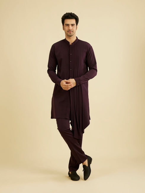Manyavar Wine Red Indo Western Set with Fern Motifs in a Fish Scale Pattern