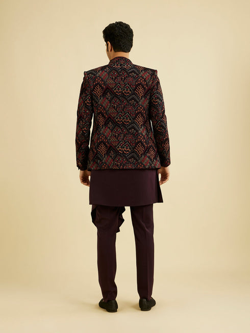 Manyavar Wine Red Indo Western Set with Fern Motifs in a Fish Scale Pattern