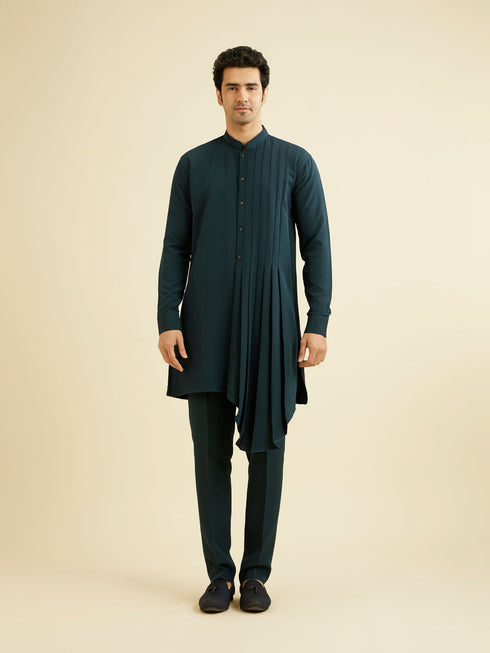 Manyavar Teal Green Indo Western Set with Fern Motifs in a Fish Scale Pattern