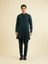 Manyavar Teal Green Indo Western Set with Fern Motifs in a Fish Scale Pattern