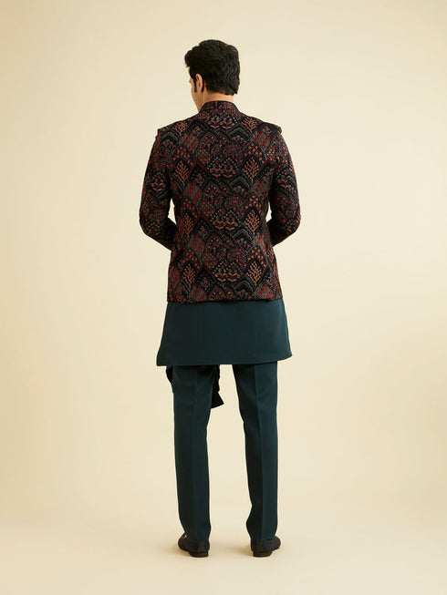 Manyavar Teal Green Indo Western Set with Fern Motifs in a Fish Scale Pattern