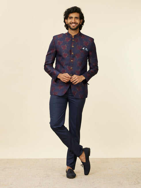 Manyavar Dark Blue Bel Buti Patterned Suit Set