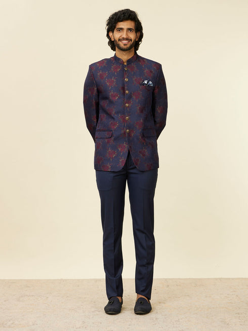 Manyavar Dark Blue Bel Buti Patterned Suit Set