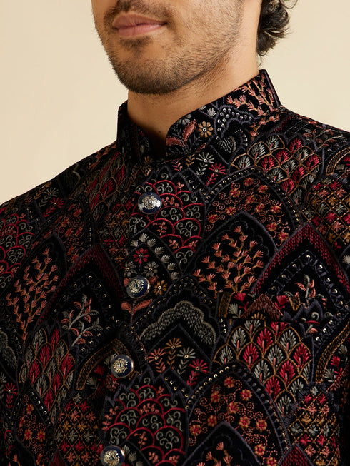 Manyavar Dark Blue Fern Motifs in Fish Scale Pattern Jodhpuri Set