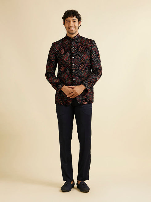 Manyavar Dark Blue Fern Motifs in Fish Scale Pattern Jodhpuri Set