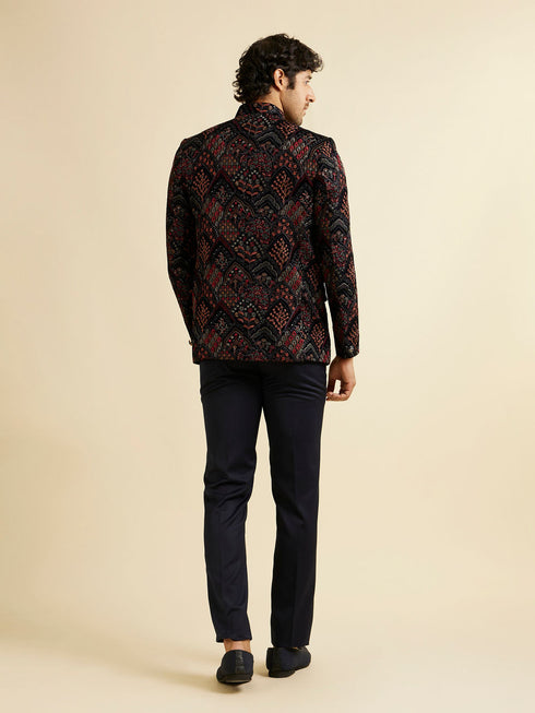 Manyavar Dark Blue Fern Motifs in Fish Scale Pattern Jodhpuri Set