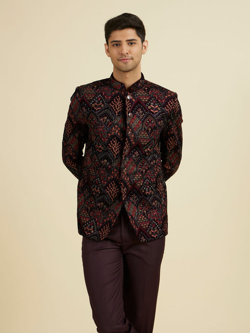 Manyavar Wine Velvet Ensemble Suit Set