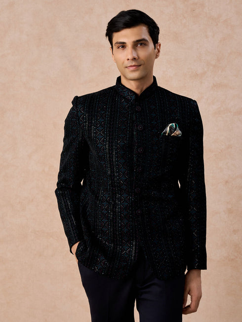 Manyavar Teal Velvet Sensation Jodhpuri Suit