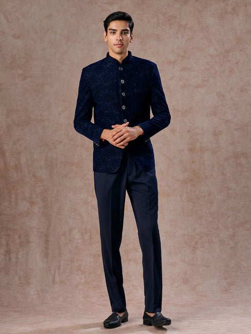 Manyavar Velvet Royal Blue Jodhpuri Suit