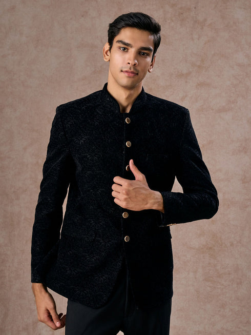 Manyavar Black Velvet Jodhpuri Suit