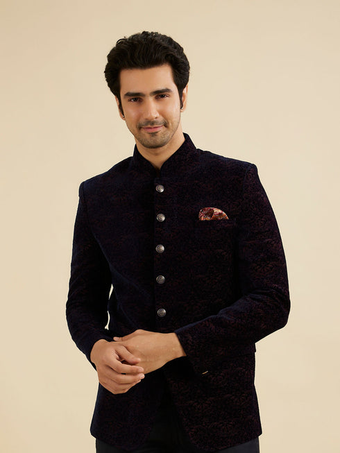 Manyavar Indigo Blue And Wine Bel Buti Patterned Jodhpuri Set