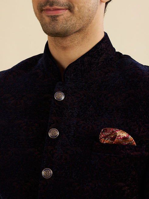 Manyavar Indigo Blue And Wine Bel Buti Patterned Jodhpuri Set
