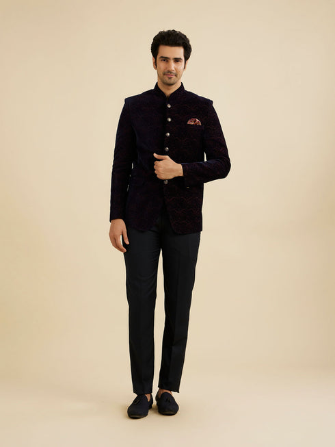 Manyavar Indigo Blue And Wine Bel Buti Patterned Jodhpuri Set