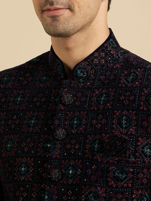 Manyavar Navy Blue And Wine Jodhpuri Set with Chowkadi Motifs And Patra Work