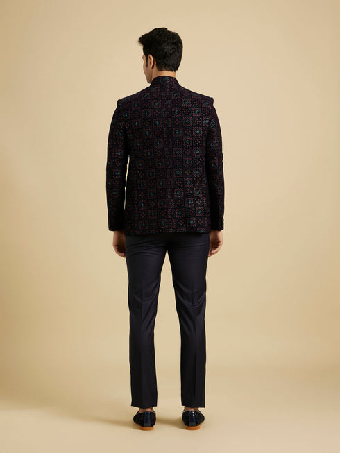 Manyavar Navy Blue And Wine Jodhpuri Set with Chowkadi Motifs And Patra Work