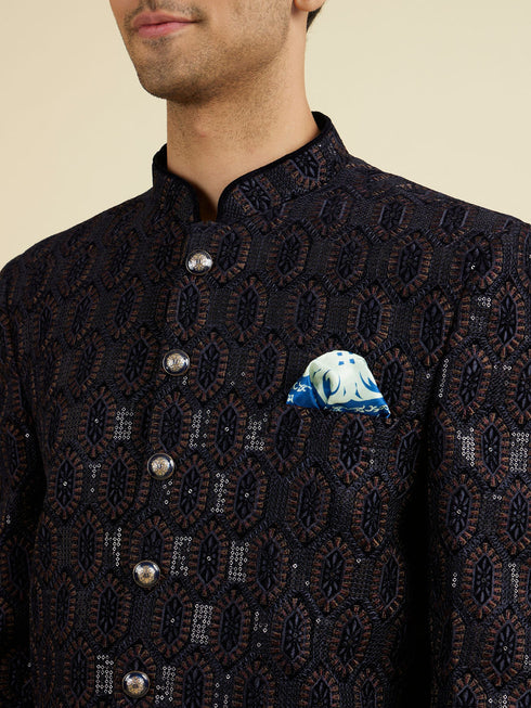 Manyavar Elegant Dark Blue Velvet Suit Set