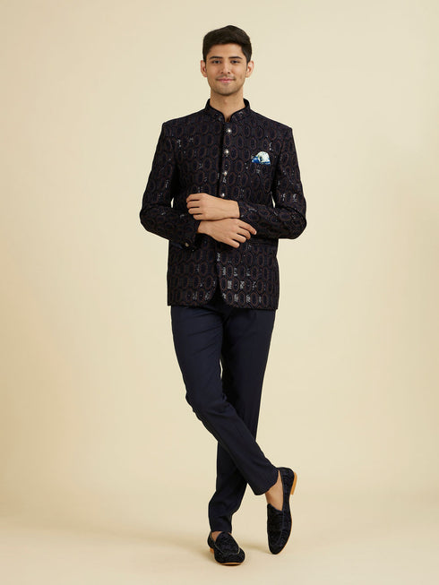 Manyavar Elegant Dark Blue Velvet Suit Set