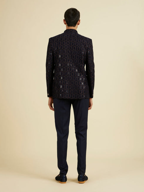 Manyavar Elegant Dark Blue Velvet Suit Set
