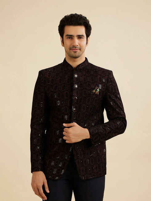 Manyavar Wine Red Honeycomb Patterned Jodhpuri Suit with Sequin Work