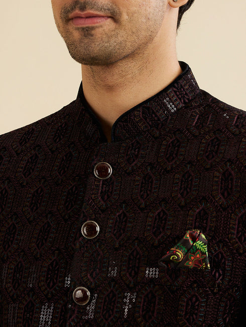 Manyavar Wine Red Honeycomb Patterned Jodhpuri Suit with Sequin Work