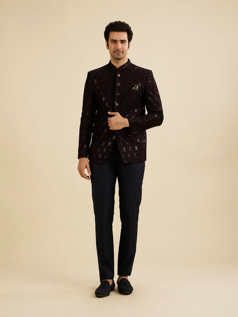Manyavar Wine Red Honeycomb Patterned Jodhpuri Suit with Sequin Work