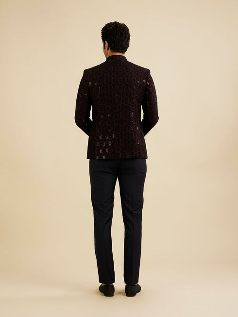 Manyavar Wine Red Honeycomb Patterned Jodhpuri Suit with Sequin Work